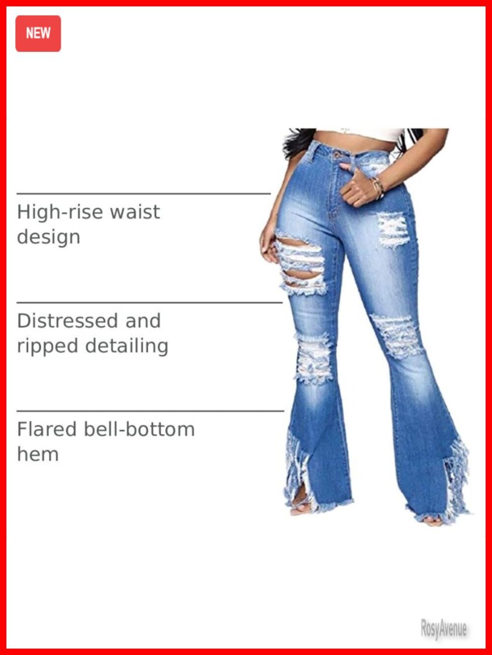 Women's High Rise Skinny Ripped Flared Bell Bottom Jeans - Picture 3 of 6